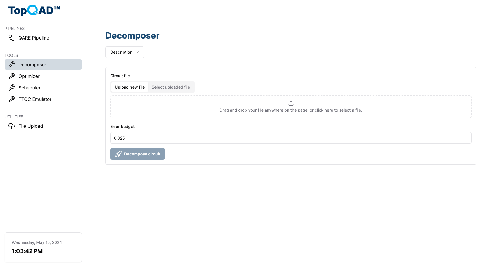 A screenshot of the TopQAD™ portal's decomposer tool page