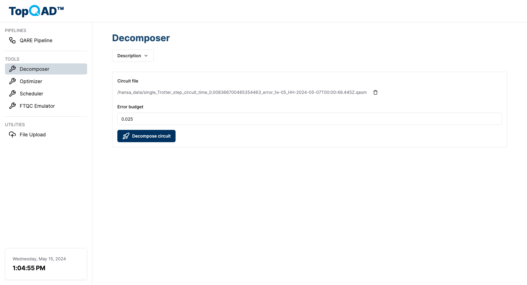 A screenshot of the decomposer tool page. In the screenshot, both the circuit file and the error budget input have been filled, and the "Decompose circuit" button is no longer disabled, indicating that the user can now submit the job