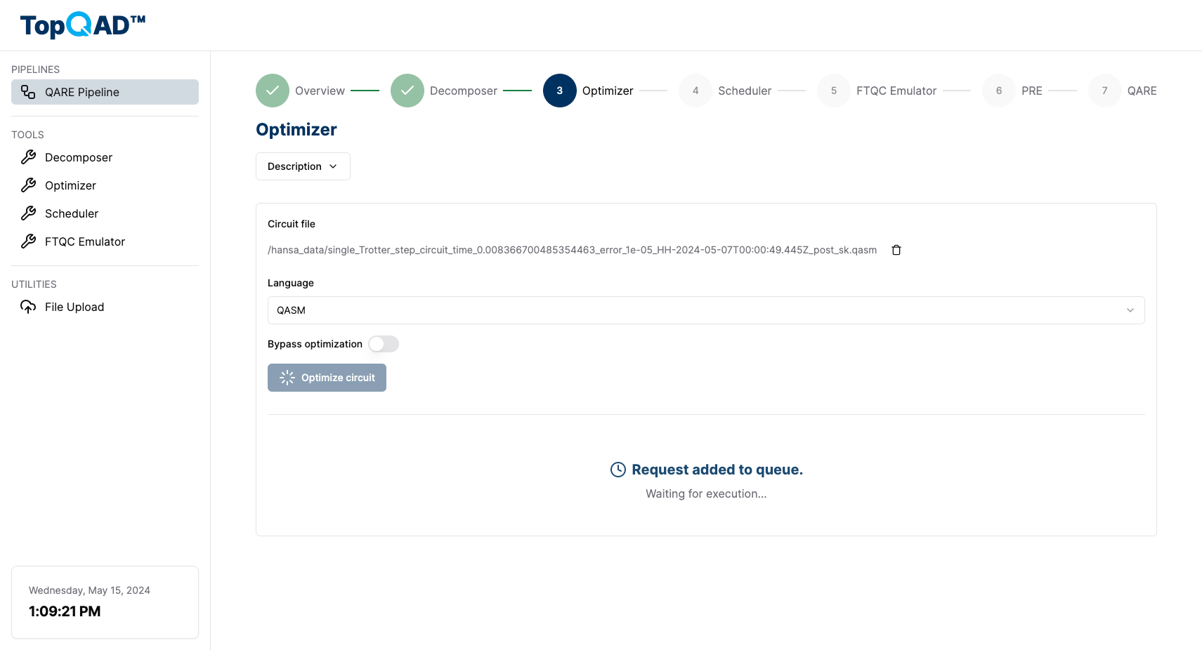 A screenshot of the QARE pipeline page with the pipeline running and step execution set to Automatic. The pipeline is currently at the Optimizer step, which says that the request has been added to queue. There are no buttons to go to the previous or next step, and the 