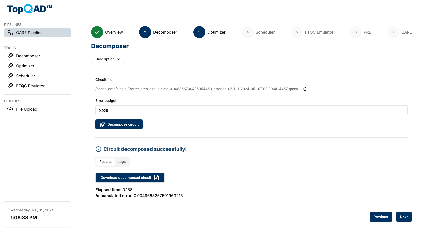 A screenshot of the QARE pipeline page with the pipeline running and step execution set to Manual. The pipeline is currently at the Decomposer step, which has already completed and displayed the result. On the bottom right, there is a button for "Previous" and "Next"