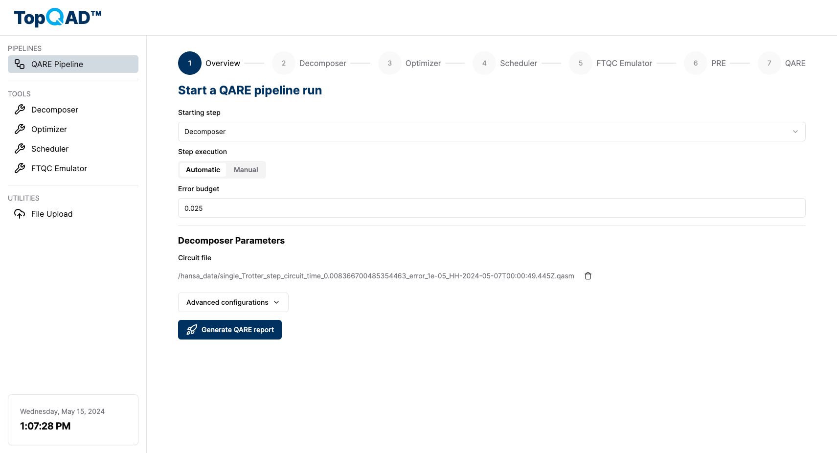 A screenshot of the QARE pipeline page. All the inputs for the overview step are filled and the "Generate QARE report" button is enabled, indicating that the user can now start the run