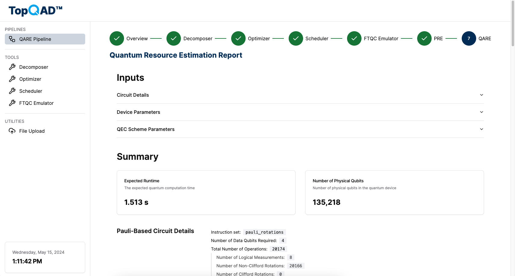 A screenshot of the QARE pipeline page after the pipeline has finished. The screenshot shows the stepper on the top with all the steps checked, as well as the top part of the QARE report