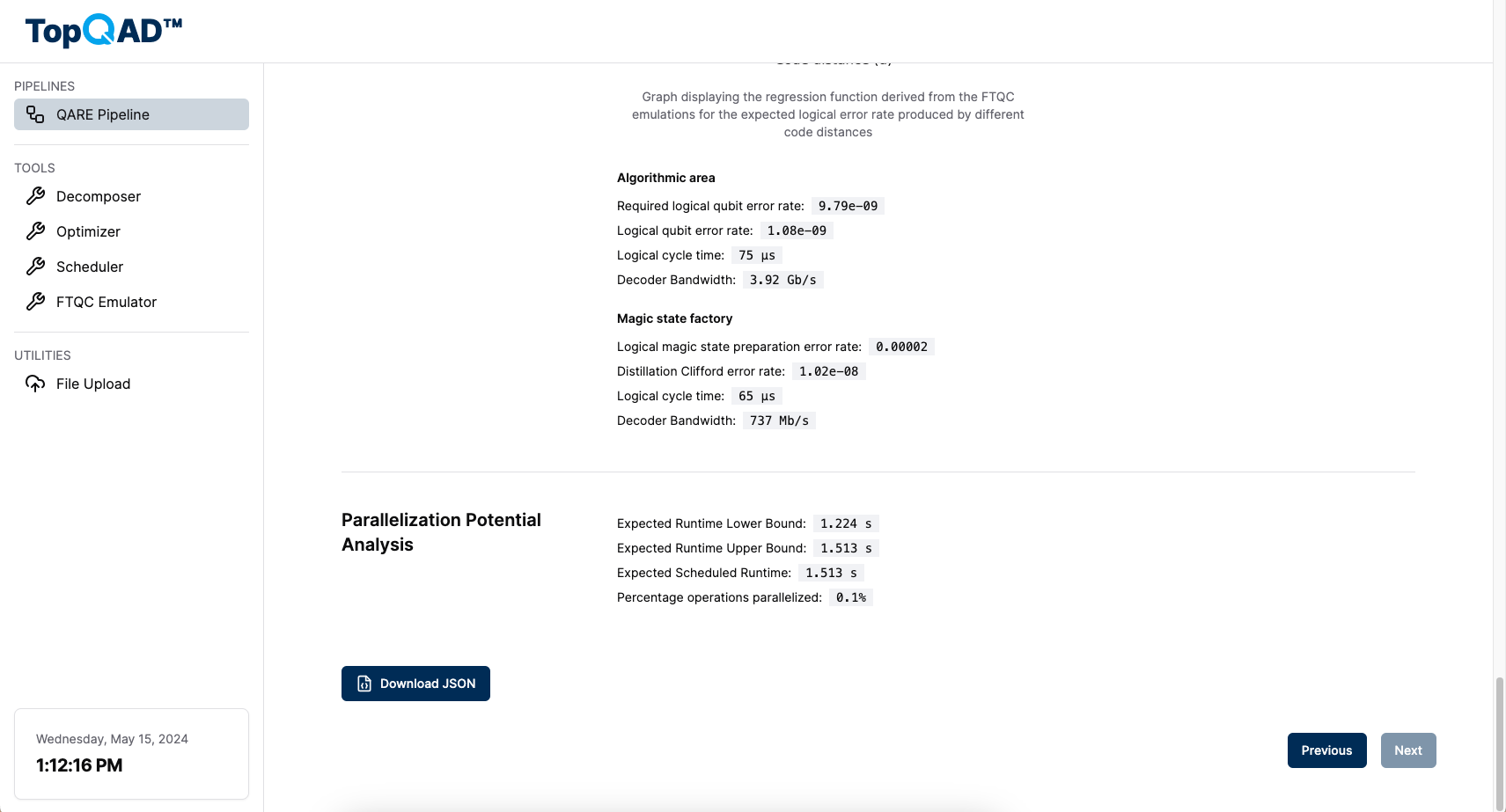 A screenshot of the QARE pipeline page after the pipeline has finished. The screenshot shows the bottom part of the QARE report, a "Download JSON" button. The "Previous" and "Next" button are also visible, but the "Next" button is disabled because this is the final step.