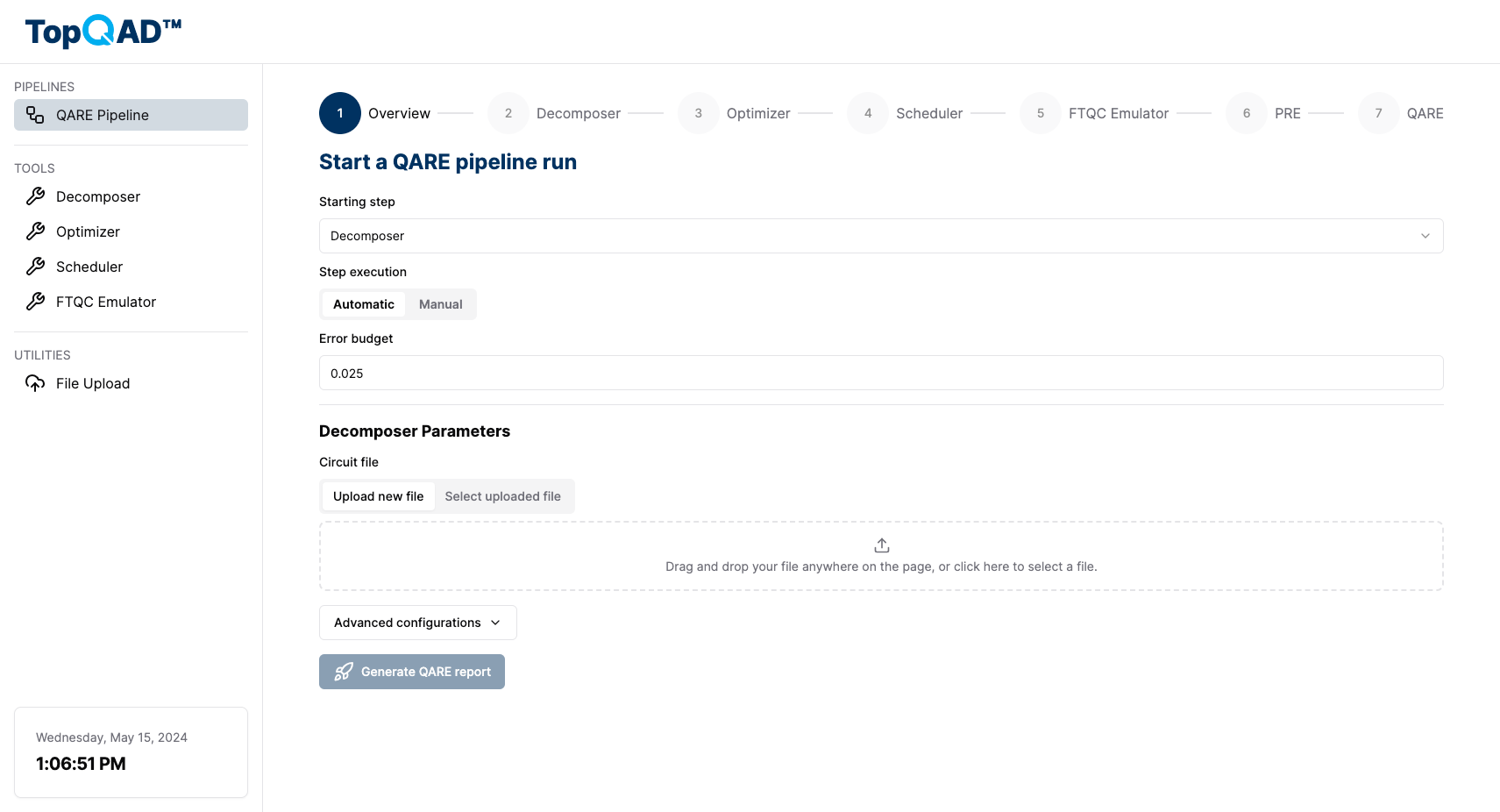 A screenshot of the TopQAD™ portal's QARE pipeline page.